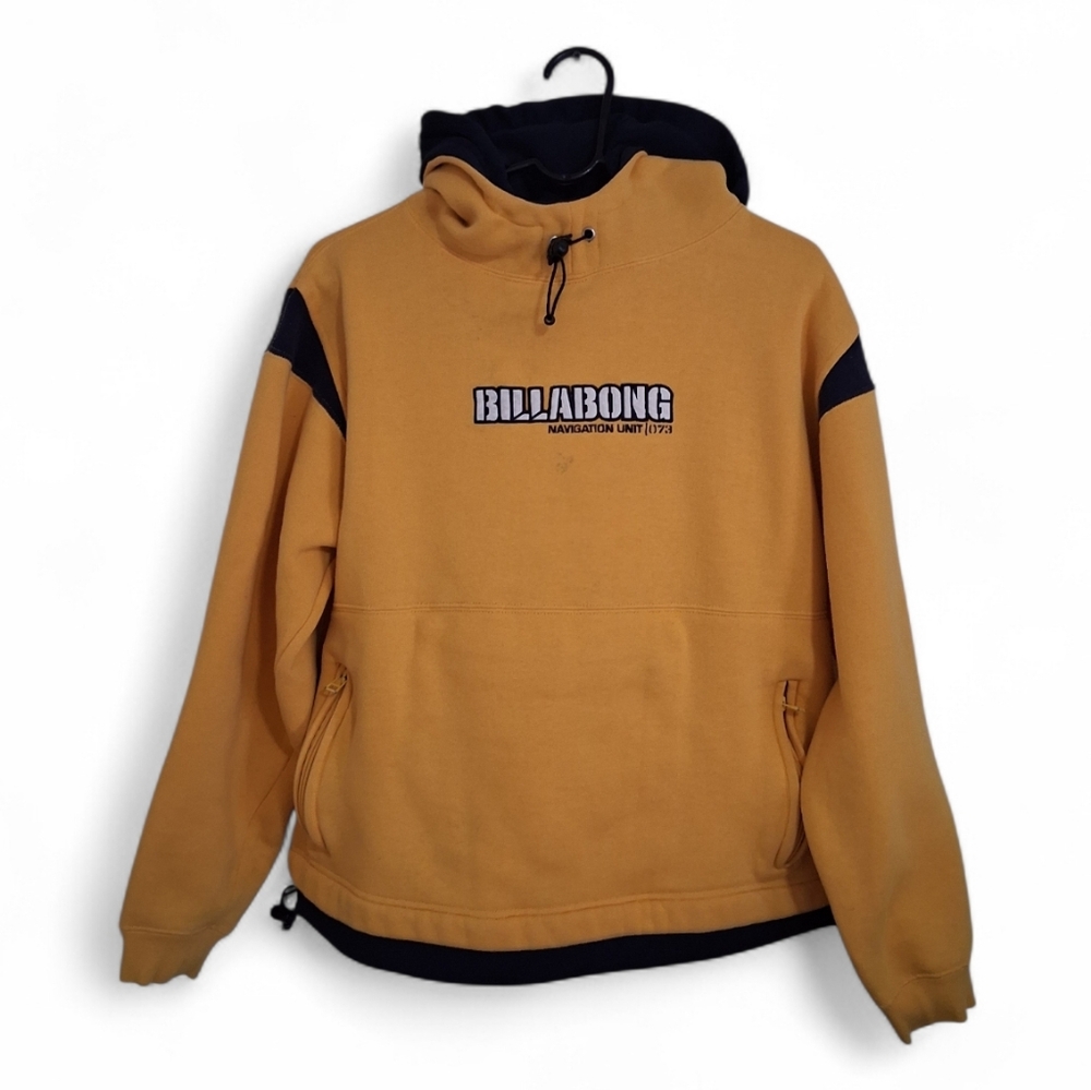Y2K Billabong Navigation Unit Skate Rap Hoodie Pullover Center Logo Yellow S